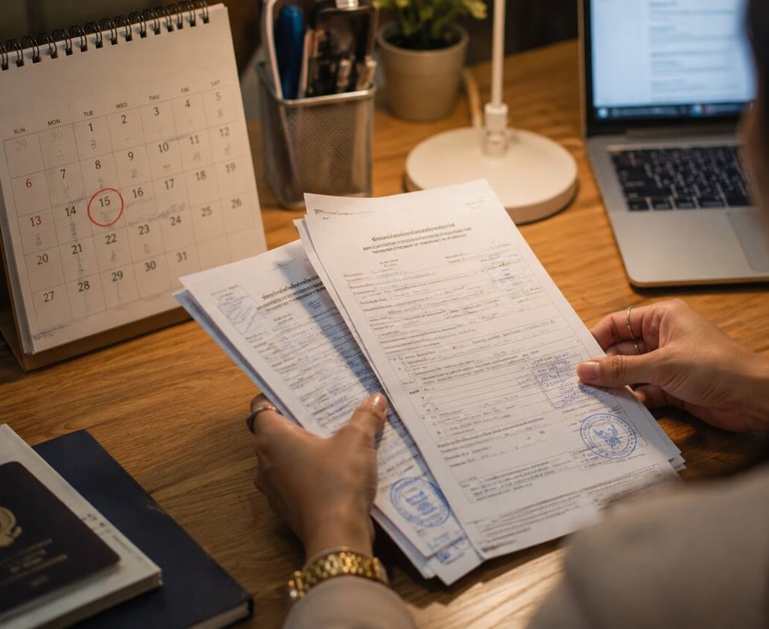 A 90-day report form and a calendar on a desk