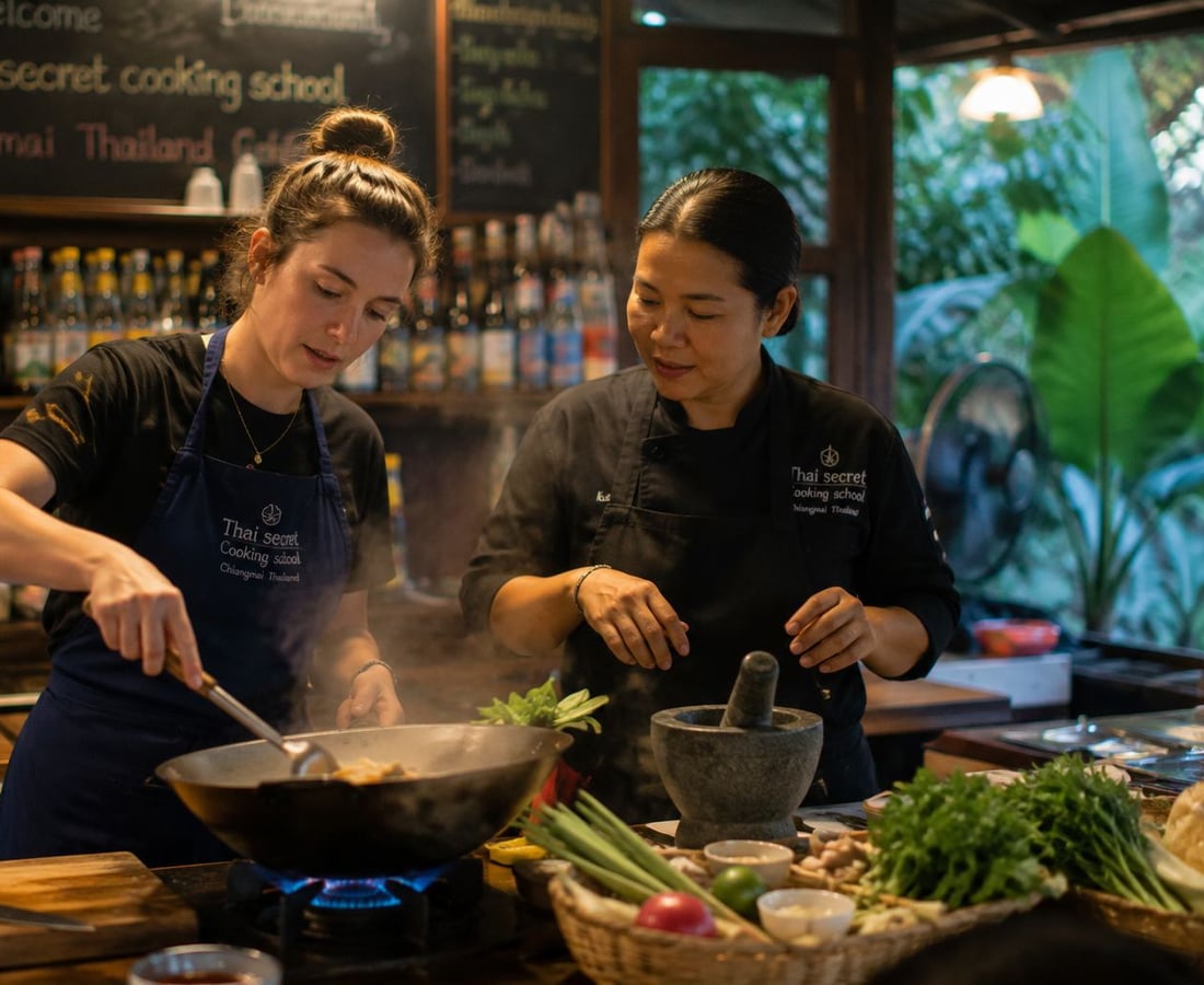 Ingredients and cooking tools in a Thai kitchen