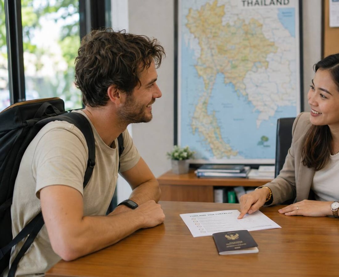 A traveller preparing documents for a visa application