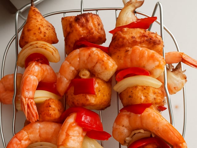 Air-Fried Jerk Shrimp and Salmon Skewers