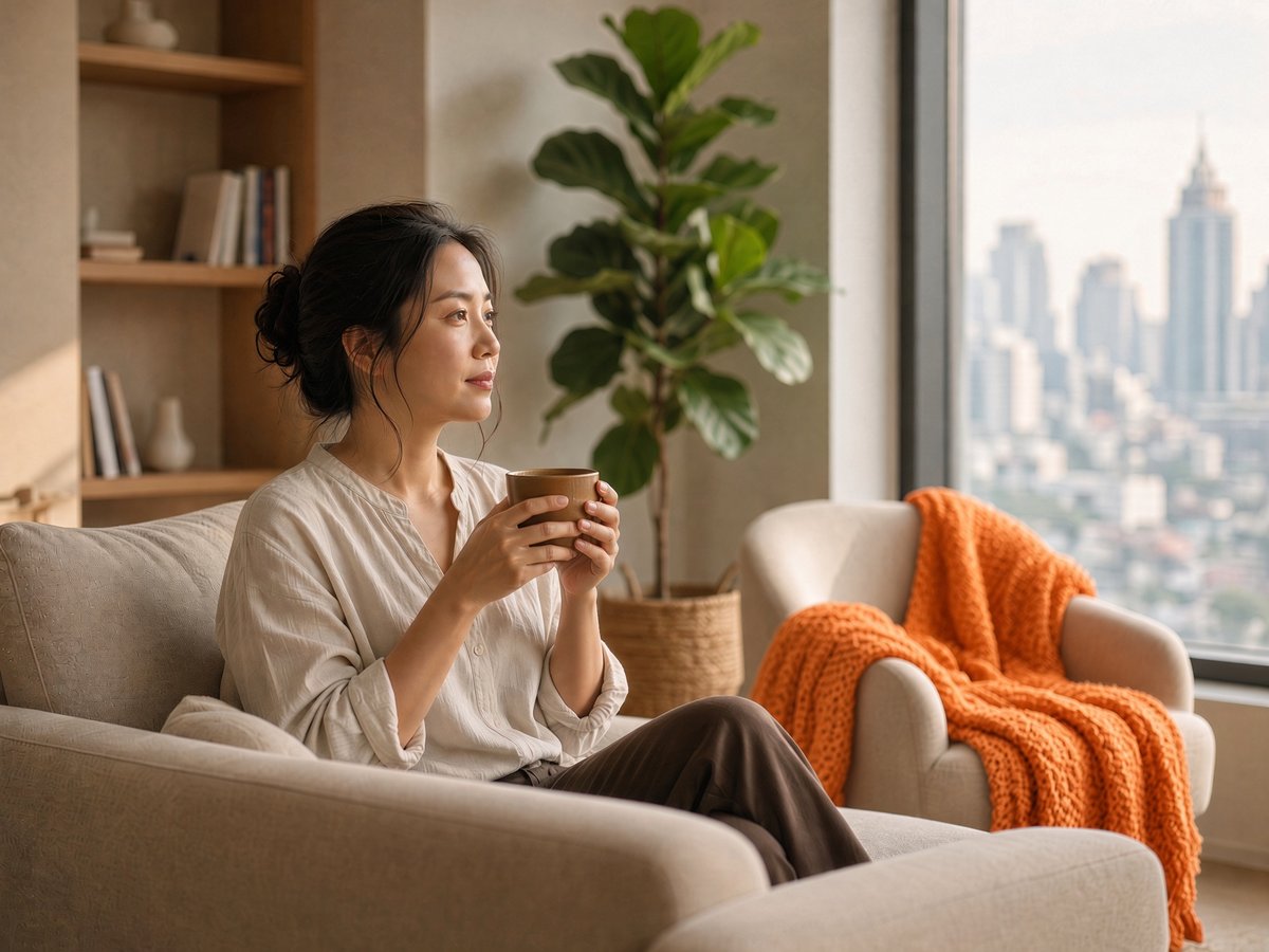 Woman sitting quietly with a cup of tea at home above the Bangkok skyline