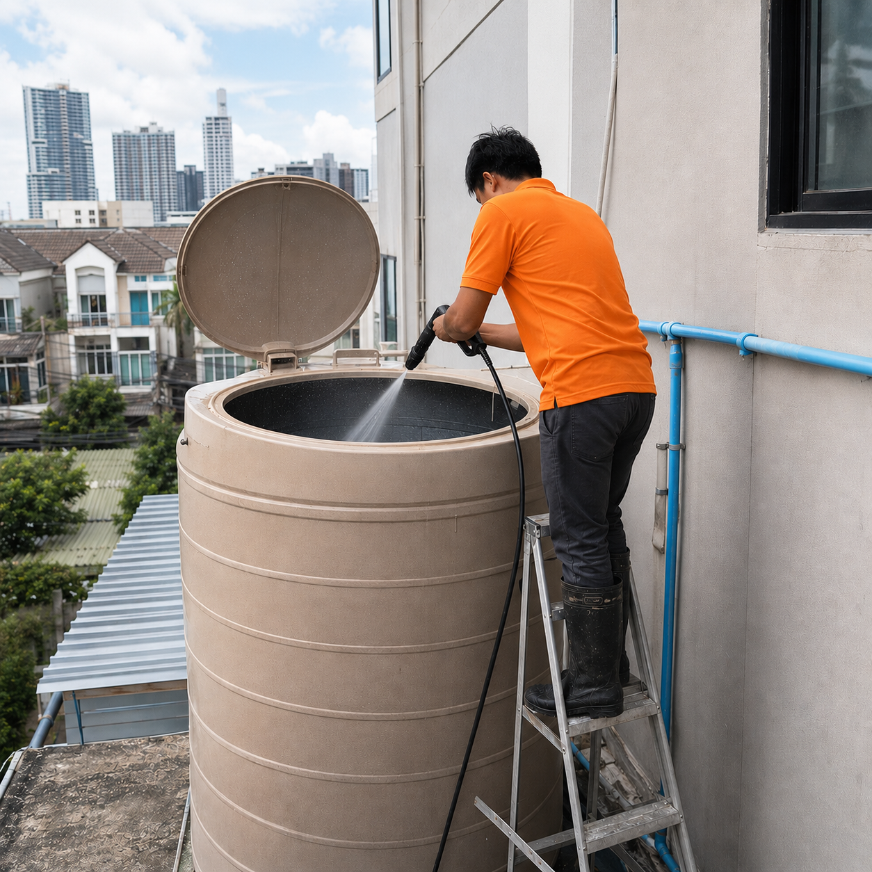 Apartment rooftop water tank cleaning