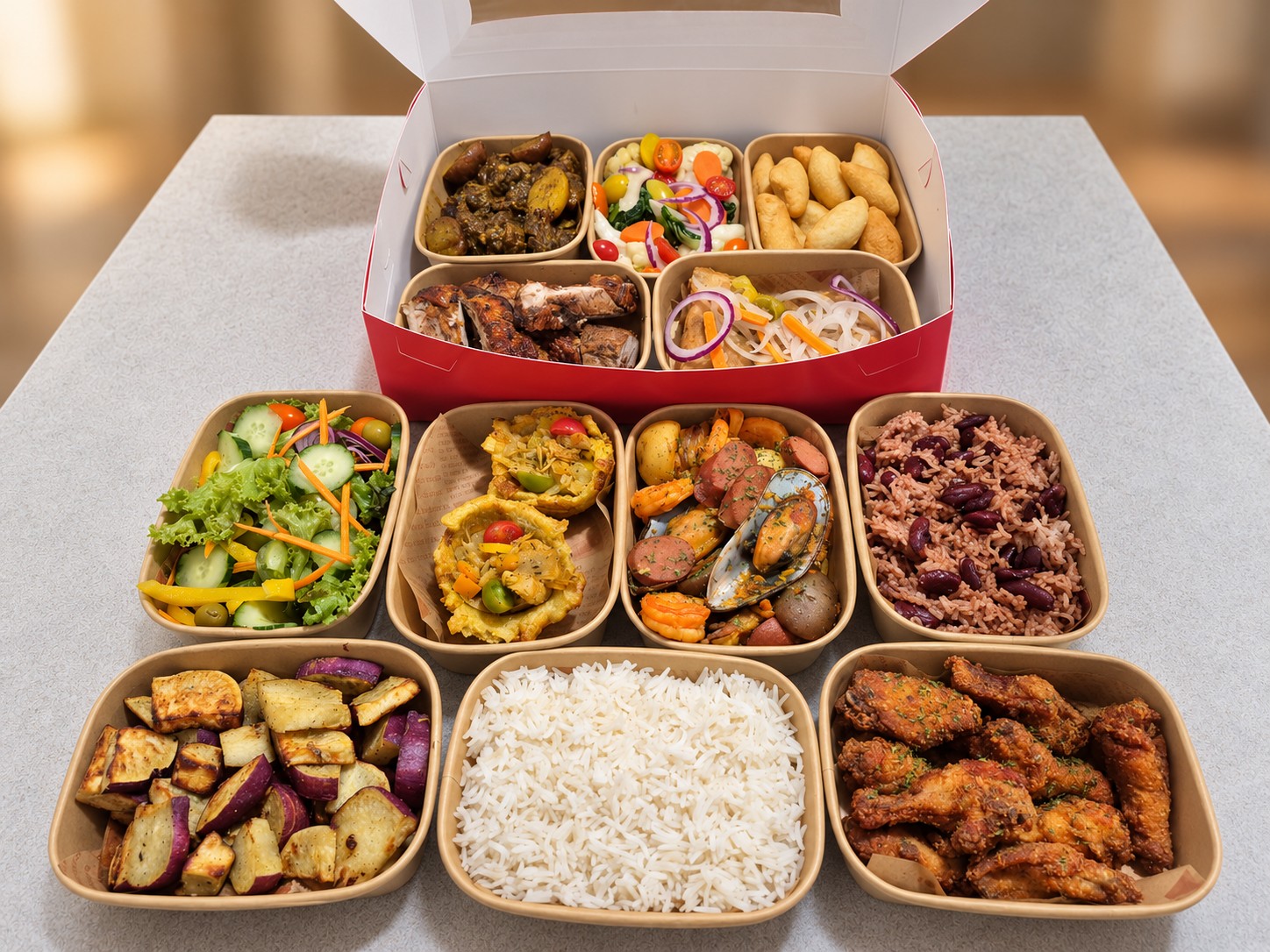 Jamaican dishes in takeaway trays, including chicken, fish, seafood, rice and vegetables